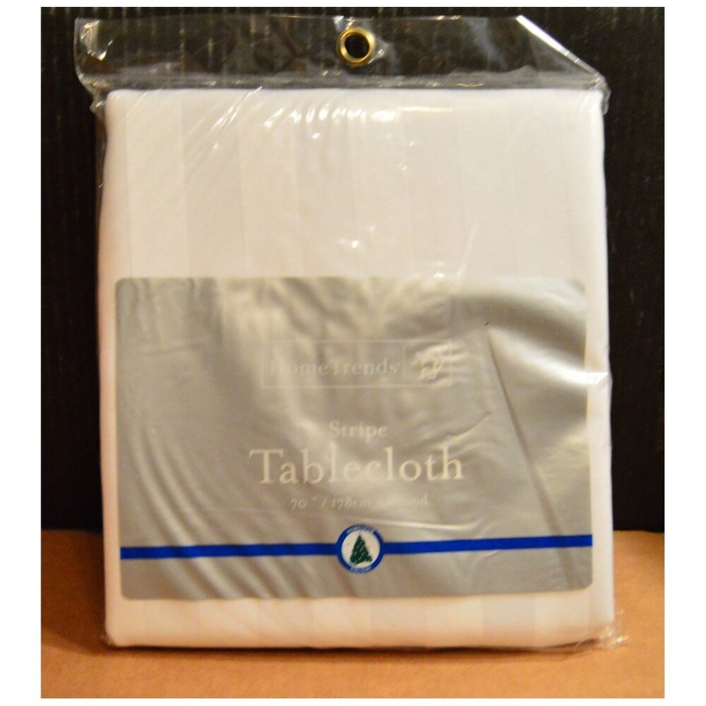 NEW Home Trends Tablecloth White Stripe Design Polyester ~90" Round